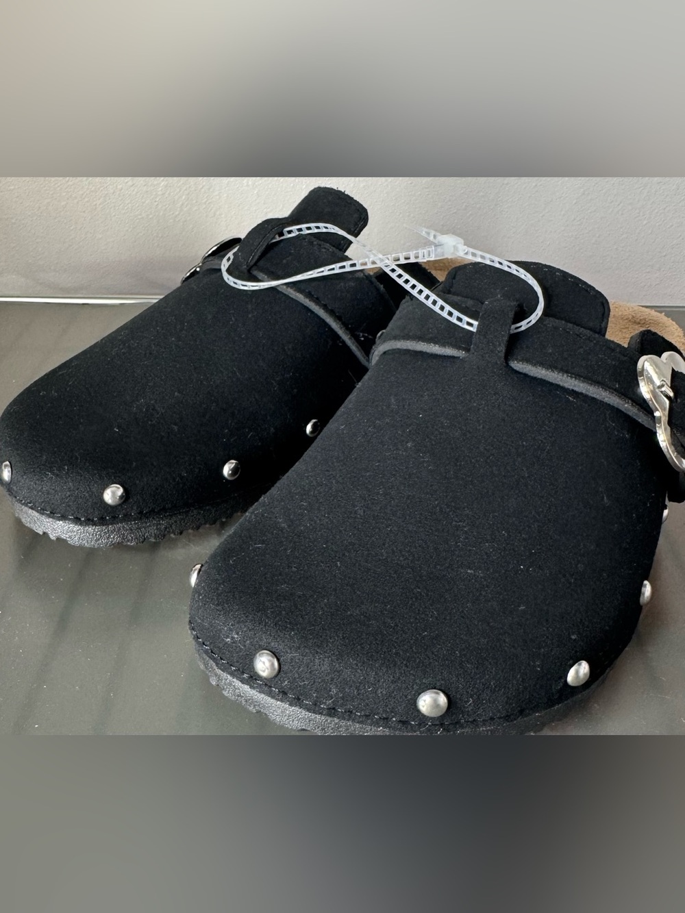 Black Studded Slip-On Clog Mule with Decorative flower Buckle adjustable sz 7 - Picture 4 of 5